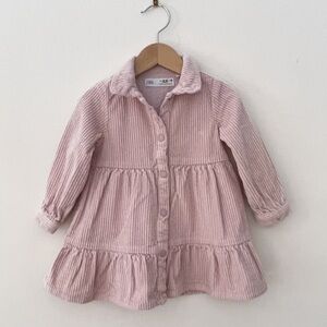 ZARA VGUC Dusty Rose Thick Corduroy Tiered Button Front Long Sleeve Dress